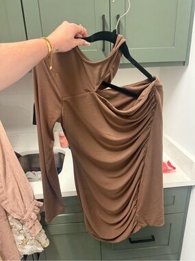 NBD Brown One-Shoulder Ruched Mini Dress